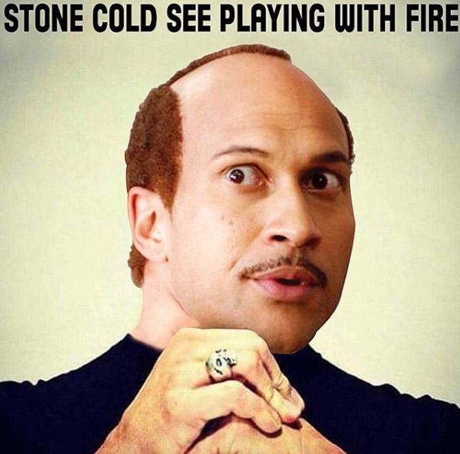 John Cena shared this photo of his co-star Keegan-Michael Key who starred alongside him in the 2019 film Playing with fire and titled it 'Stone Cold Playing with Fire'