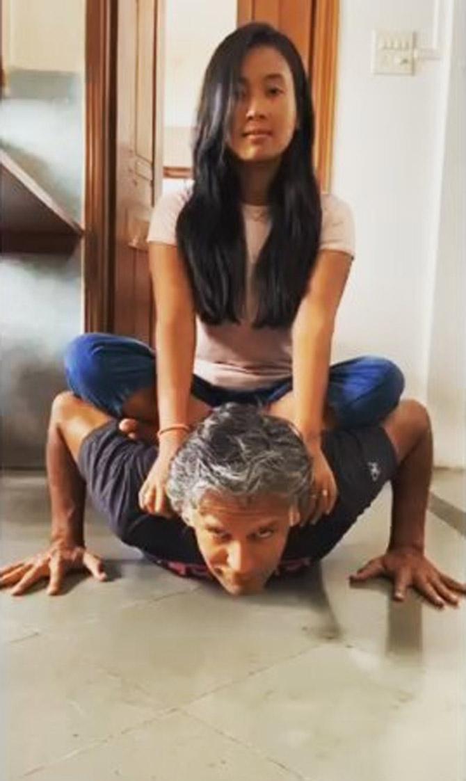 Milind Soman has been finding ways to work out at home during this quarantine session and his wife Ankita turned out to be a true help. 