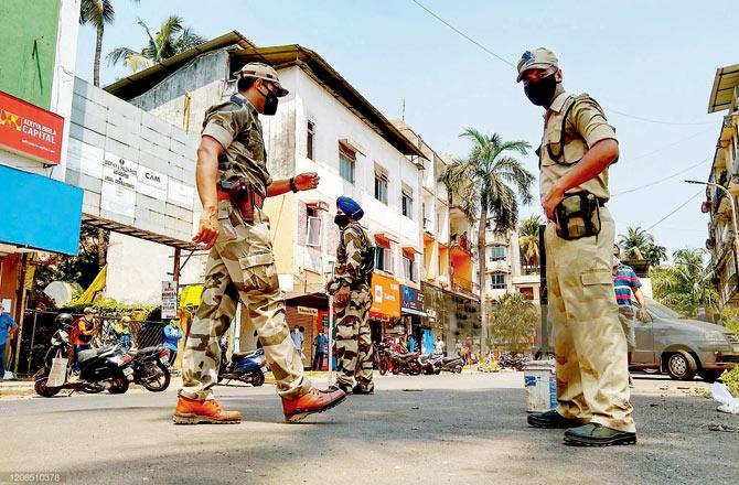 Paramilitary soldiers patrol along a street during a government-imposed nationwide lockdown as a preventive measure against the Coronavirus pandemic in Goa on March 29. Pic/Getty Images