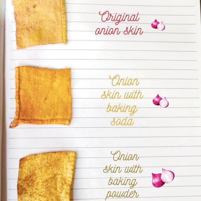 In one of her posts, Rathod demonstrated how boiling onion skin and adding different alkaline substances produces various shades of peach