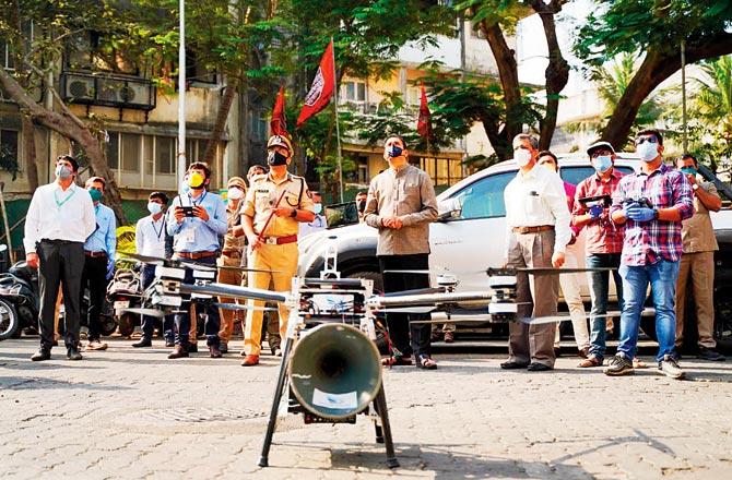 Cops demonstrated the drones to Home Minister Anil Deshmukh on Tuesday. Pics courtesy/Mumbai Police