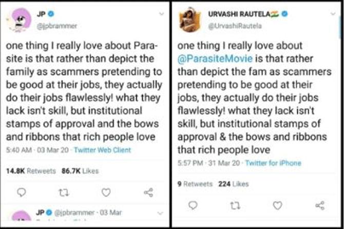 Urvashi Rautela copies an author's tweet on the movie Parasite! 
