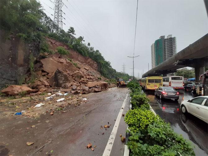 The heavy rainfall caused a massive landslide on the Western Express Highway between Kandivli and Malad, affecting south-bound traffic. No casualties were reported. The civic body deployed six JCBs to clear debris, stones and open the highway for vehicular movement.