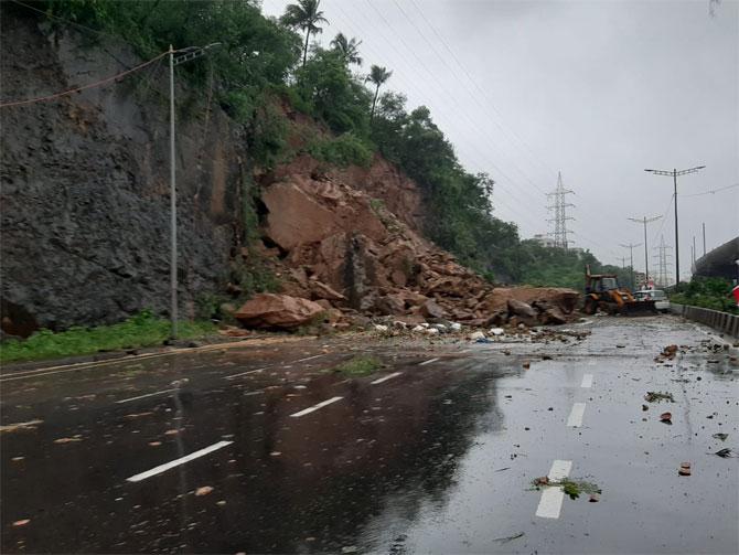 In photo: Slow vehicular movement was observed due to a massive landslide on the Western Express Highway between Kandivli-Malad.