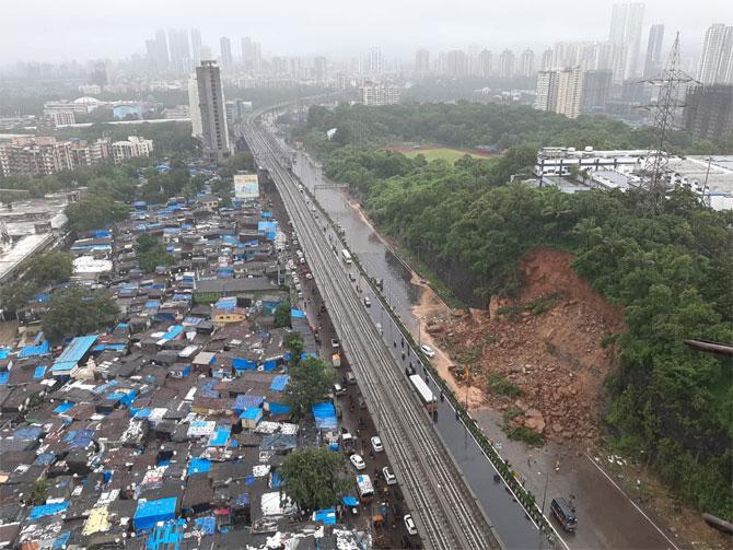In photo: An aerial view of the Western Express Highway where the landslide happened.