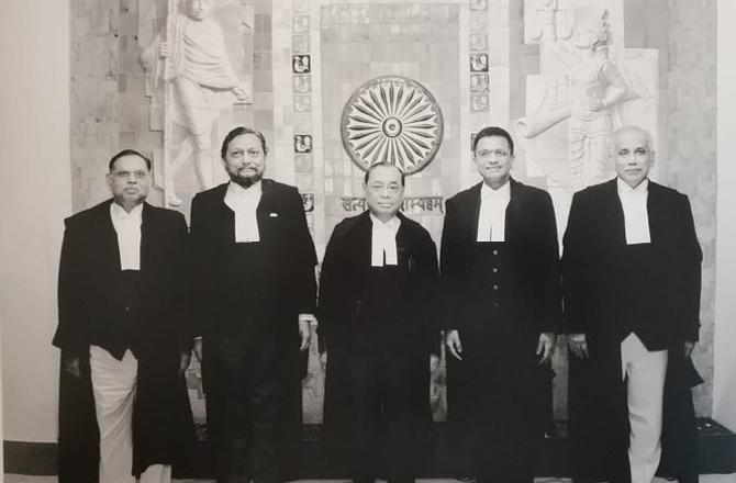 The Supreme Court bench: The bench that delivered the historic judgment in the Ayodhya Ram Janmabhoomi-Babri Masjid land dispute case led by then Chief Justice of India Ranjan Gogoi also comprised of justices SA Bobde, Ashok Bhushan, DY Chandrachud and S Abdul Nazeer.
In photo: (From L to R): Justice Ashok Bhushan, Justice SA Bobde, Chief Justice of India Ranjan Gogoi, Justice DY Chandrachud and Justice S Abdul Nazeer.