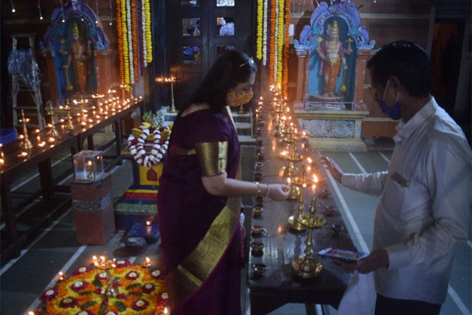 In photo: Devotees light up diyas at a Lord Ram temple in Wadala.
