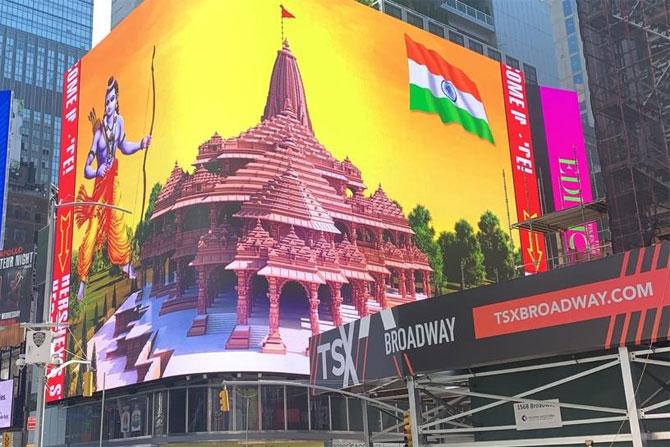 A large digital billboard of Lord Ram came up in New York’s Times Square in order to celebrate the laying of the foundation stone. Pic/ANI Twitter.
