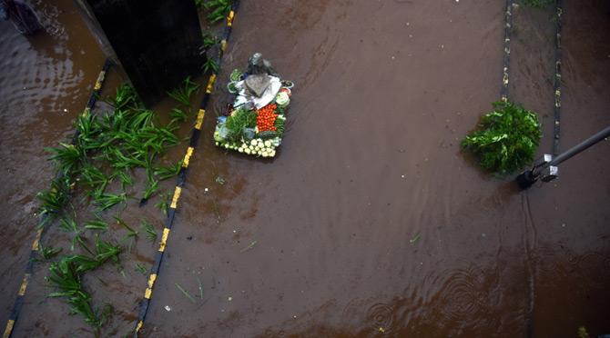In picture: A vegetable vendor wades through flooded streets in Wadala with his stock.