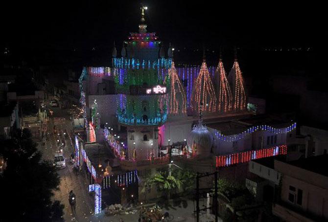 In photo: A view of illuminated Gopal Mandir on the eve of Krishna Janmashtami in Amritsar.