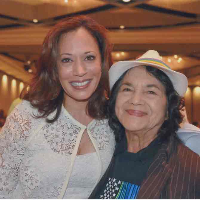 She was elected to the position of a senator in 2016 where she has gained foreign policy expertise working on the senate's Select Committee on Intelligence and the Homeland Security Committee.
In picture: Harris with labour rights leader Dolores Huerta.