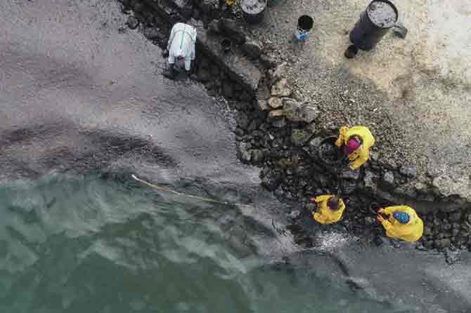 France sent a naval ship, military aircraft and technical advisers from the nearby island of Reunion after Mauritius appealed for help last week. Japanese experts have arrived on the island and have been assisting. The United Nations is expected to send experts.
In picture: An aerial view shows people scooping leaked oil from the MV Wakashio bulk carrier.