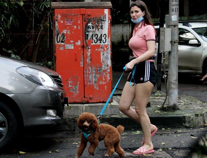 Giorgia Andriani was out walking her pet dog Hugo on the streets of Bandra, Mumbai. The Italian beauty wore a pink coloured tee and black gym shorts with a protective face mask as she was clicked by the photographers. All pictures/Yogen Shah