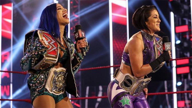 The Raw women's champion Sasha Banks and SmackDown women's champion Bayley appeared on the show bragging about their matches vs Asuka ahead of Summerslam. Asuka and Shayna Baszler then entered and joined forces against Bayley and Banks. Despite interruptions from Nia Jax, Shayna Baszler fought her way back to rejoin the match. In the end Asuka had Sashan in the Asuka lock while Baszler locked Bayley in the Kirufuda clutch to pick up the win.
