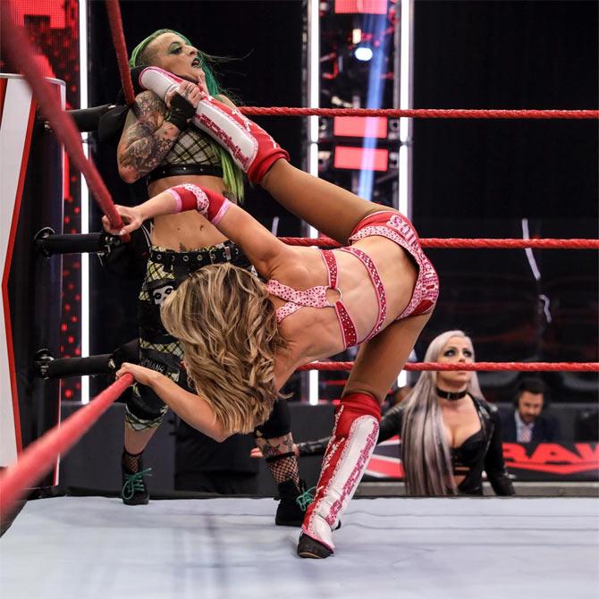 Ruby Riott could not do much as she was taken out in what can be called a rather short match against Peyton Royce thanks to the latter's tag team partner Billie Kay's shove. Post match, Riott and Liv Morgan had some tension brewing between them.