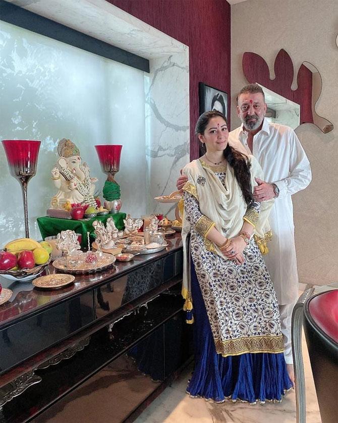 Sanjay Dutt celebrated Ganesh Chaturthi in a simple manner with family this year. The actor tweeted a picture on Saturday featuring him with wife Maanayata, standing in front Ganpati idol. 