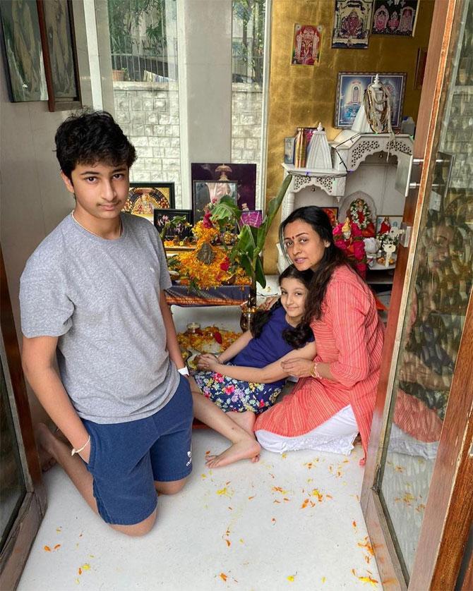 Ganesh Chaturthi commenced on Saturday, and many celebrities welcomed Bappa home. Former actress Namrata Shirodkar posted a picture from the Ganpati celebration with her kids at her home in Hyderabad. Namrata wrote in her caption, 
