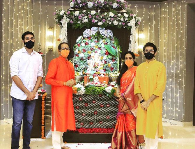 As Saturday marked the beginning of the 10-day Ganesh Chaturthi festival, Maharashtra Chief Minister Uddhav Thackeray along with wife Rashmi Thackeray and children - Aaditya and Tejas Thackeray offered prayers to Lord Ganesha at his residence Varsha in South Mumbai. Taking to Twitter, Thackeray also wished everyone a happy Ganesh Chaturthi.