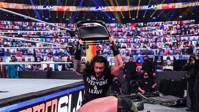 Roman Reigns then turned his attention to Braun Strowman before attacking him with a Spear and then with a steel chair.
