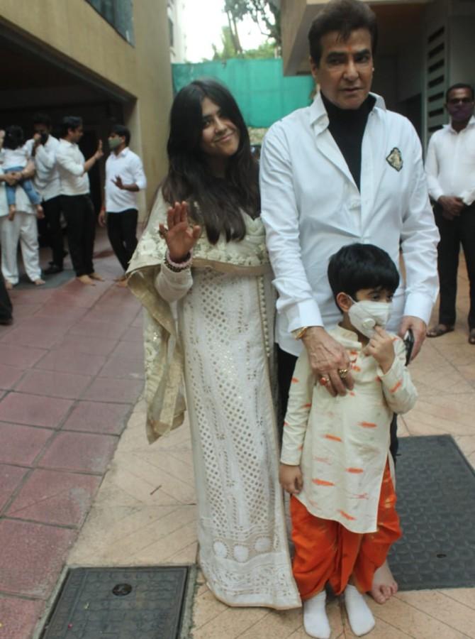 Ace producer Ekta Kapoor along with her father Jeetendra, mother Shobha Kapoor, brother Tusshar Kapoor and his son Laksshya Kapoor bid adieu to Lord Ganesh at their residence in Juhu, Mumbai. Ekta's television friends Anita Hassanandani, Anupriya Goenka, Riddhi Dogra, Krystle D'Souza and Urvashi Dholakia, among others also attended the Visarajan ceremony and bid goodbye to Bappa. All pictures: Yogen Shah and Pallav Paliwal