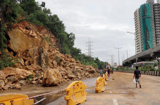 The area on the WEH where the landslide happened was barricaded following the incident. Pic/Anurag Ahire