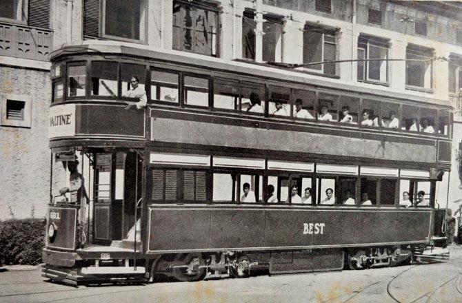 B route omnibus indicating Gowalia Tank on its display board and a double deck tram car sporting an Ovaltine advertisement on its front. Both images from the book History of the Bombay Electric Supply & Tramways Company, Limited, by BEST Secretary Pestonji D Mahaluxmivala. Reproduced with permission from his grandson, Dr Sam Mahaluxmivala