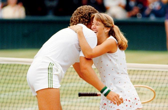 Tracy Austin (right) of the United States, celebrates with brother John after defeating Australians Mark Edmondson and Wendy Turnbull in the mixed doubles final at the Wimbledon Lawn Tennis Championship in London on July 5, 1980. Pic/Getty Images
