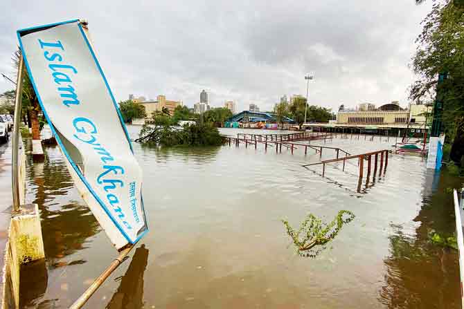 The flooded grounds of Islam Gymkhana at Marine Drive