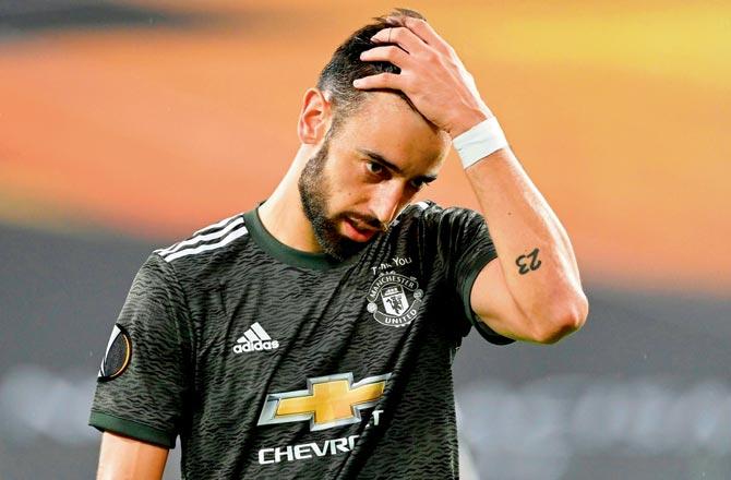 Bruno Fernandes, who scored the lone goal for Manchester United, reacts after the defeat to Sevilla