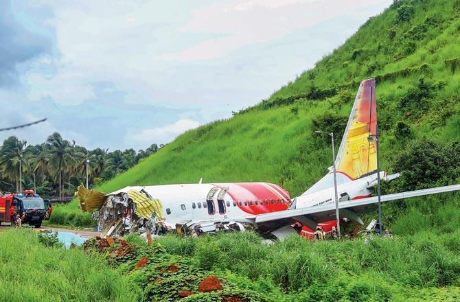 The debris of the Air India Express flight that skidded off a runway while landing in Kozhikode. File pic/AP