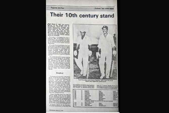 A Sportsweek magazine page featuring the 10th century stand for the first wicket between Sunil Gavaskar and Chetan Chauhan, achieved against New Zealand in Christchurch during the 1980-81 series. COURTESY: Clayton Murzello magazine collection