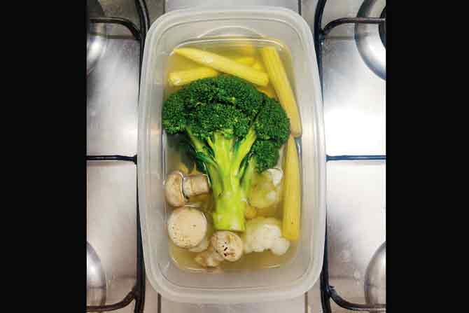 Nanda’s lunch comprises boiled veggies, including mushrooms, babycorn and broccoli
