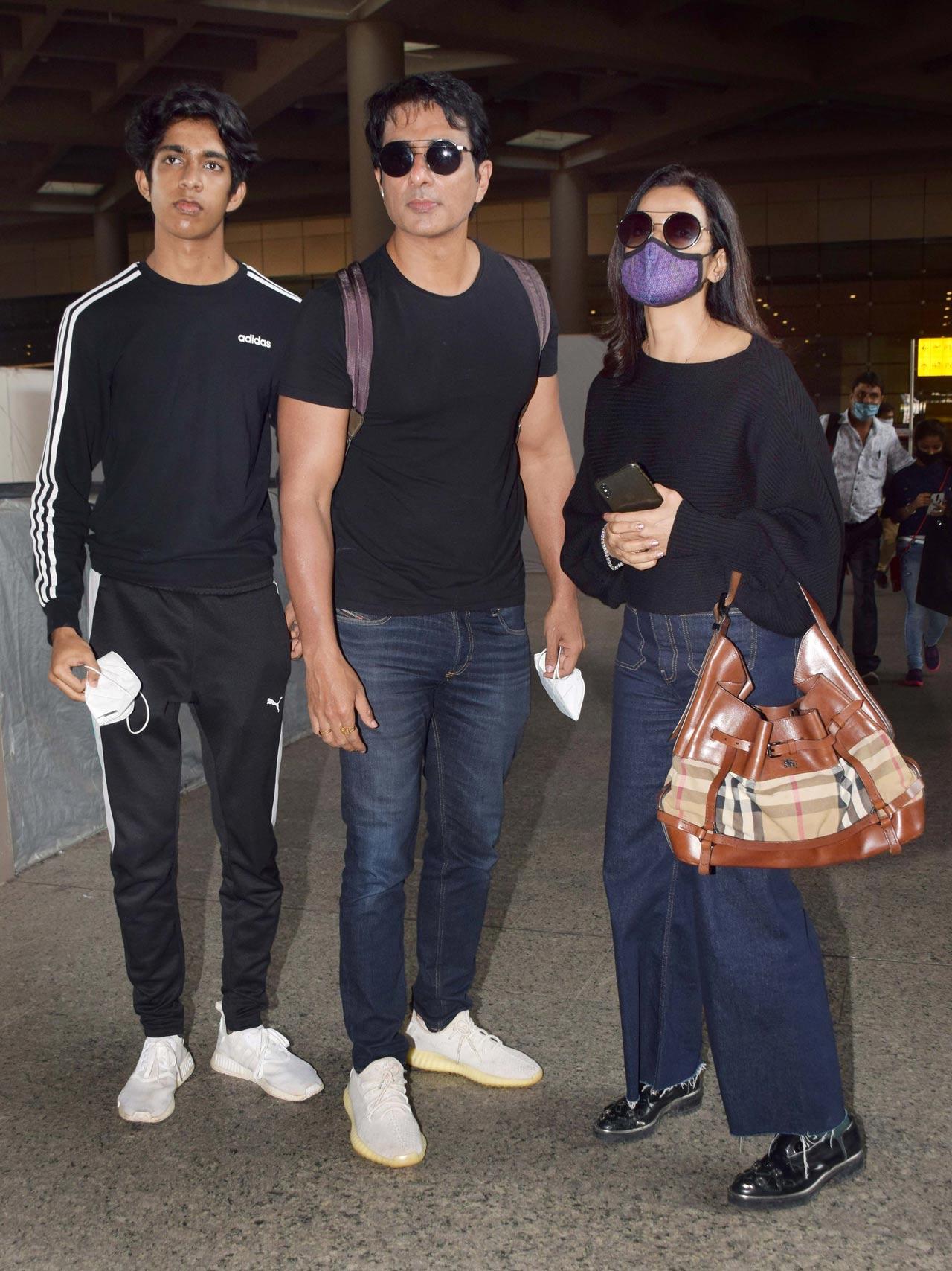 Sonu Sood post for the paparazzi when snapped at the Mumbai airport with wife and his son. On the professional front, Sonu Sood will be next seen in Prithviraj, Thamilarasan, Acharya.