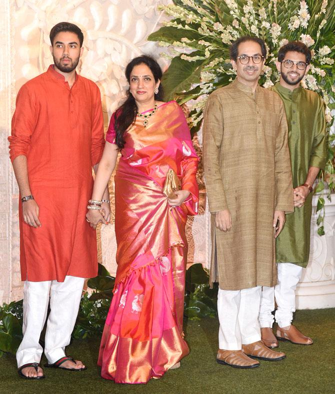 The couple have two sons, Aaditya and Tejas. Aaditya Thackeray is the chief of Yuva Sena, the youth wing of Shiv Sena and he is also an MLA from Worli. He is Maharashtra's Cabinet Minister of Tourism and Environment. Aaditya's younger brother Tejas Thackeray is an avid photographer, a wildlife researcher, and a conservationist.
