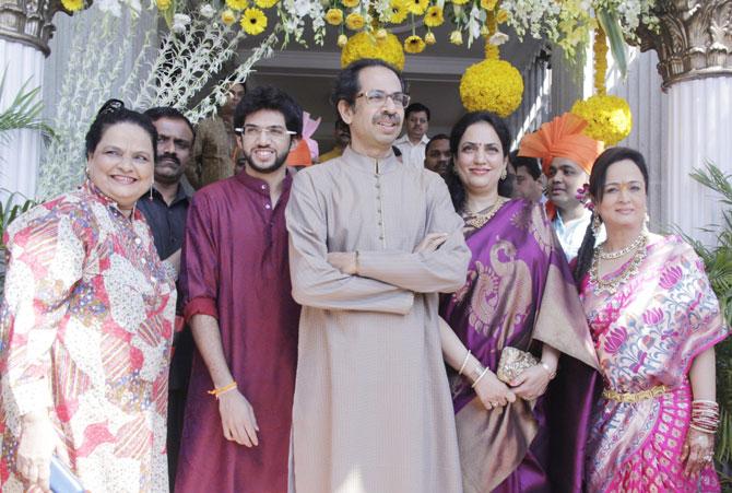 Maharashtra chief minister Uddhav Thackeray and wife Rashmi are often snapped together at various public events and functions. 
In picture: Uddhav Thackeray with wife Rashmi Thackeray and son Aditya Thackeray at Smita Thackeray's son's wedding.