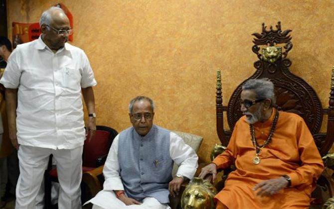 In November 2019, Sharad Pawar rewrote history when he went on to form the Maha Vikas Aghadi (MVA) government in Maharashtra with Sena chief Uddhav Thackeray and Congress president Sonia Gandhi. The MVA is a post-poll alliance in Maharashtra between Shiv Sena, Nationalist Congress Party, and Indian National Congress.In picture: Sharad Pawar with late, former President of India Pranab Mukherjee and late Shiv Sena supremo Bal Thackeray.