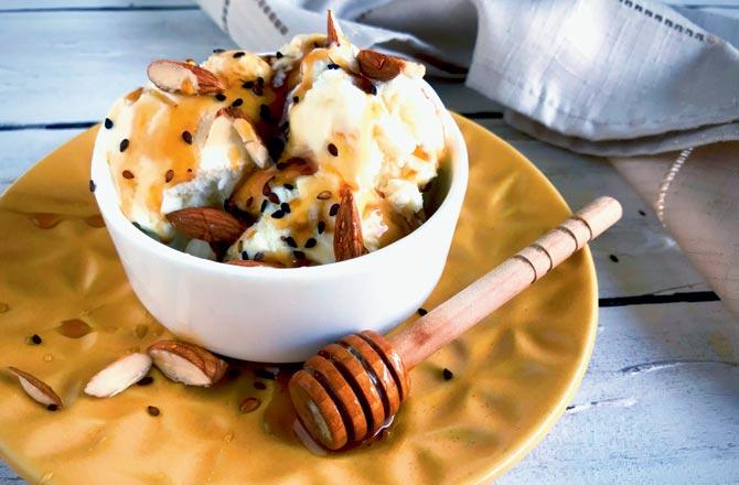 Honey, almond and black sesame gelato