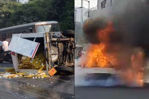 Tempo carrying eggs overturns, BMW car catches fire in Mumbai