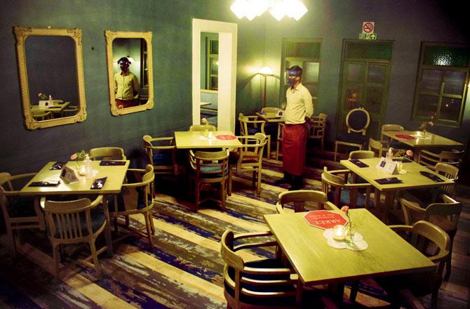 At Worli resto-bar Slink & Bardot, every alternate table is blocked and marked with red signage to help maintain physical distance between guests. Pics/Ashish Raje