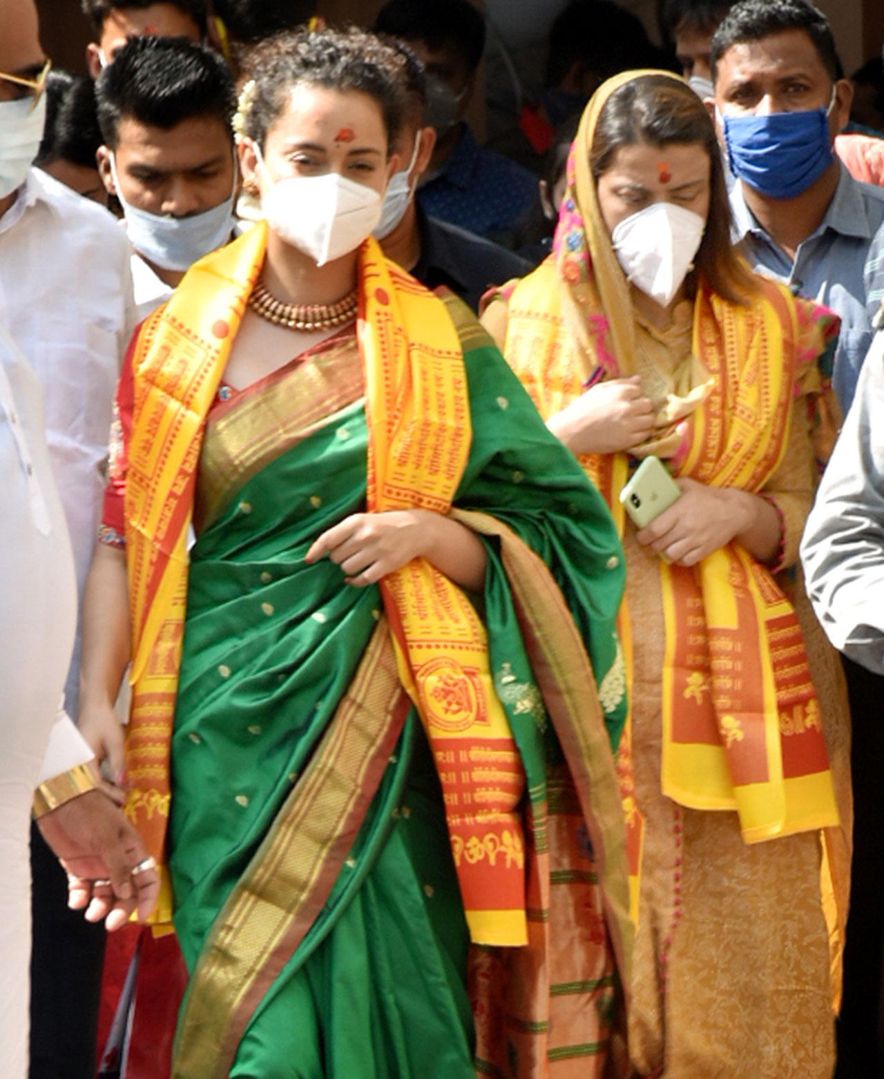 Kangana Ranaut shared pictures from her visit to the temples with her sister Rangoli Chandel and other family members on her social media account. The 33-year-old actor went on to express her love for Maharashtra in the caption of the post.
In picture: Kangana Ranaut with sister Rangoli Chandel at Siddhivinayak Temple in Prabhadevi.