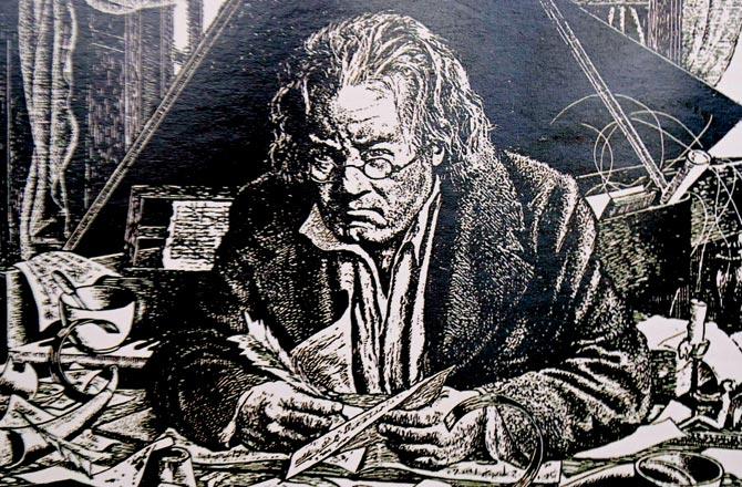 Beethoven composing the visionary last quartets, isolated by deafness and ill health. This illustration by Oswald Barrett (The Oxford Companion to Music, edited by Percy A Scholes) shows the piano shattered by his effort to hear his written music