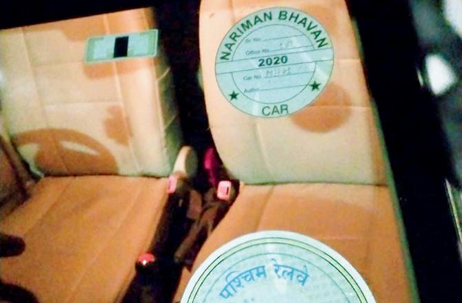 WR and Nariman Bhavan stickers on the car’s windshield