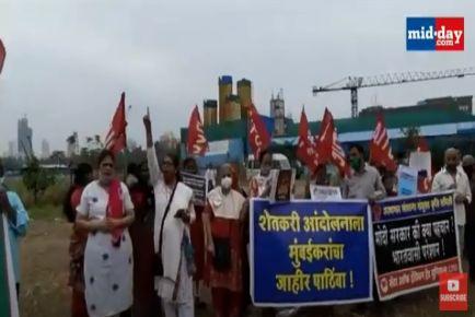 Trade unions and Maratha Kranti Morcha workers protest at Azad Maidan