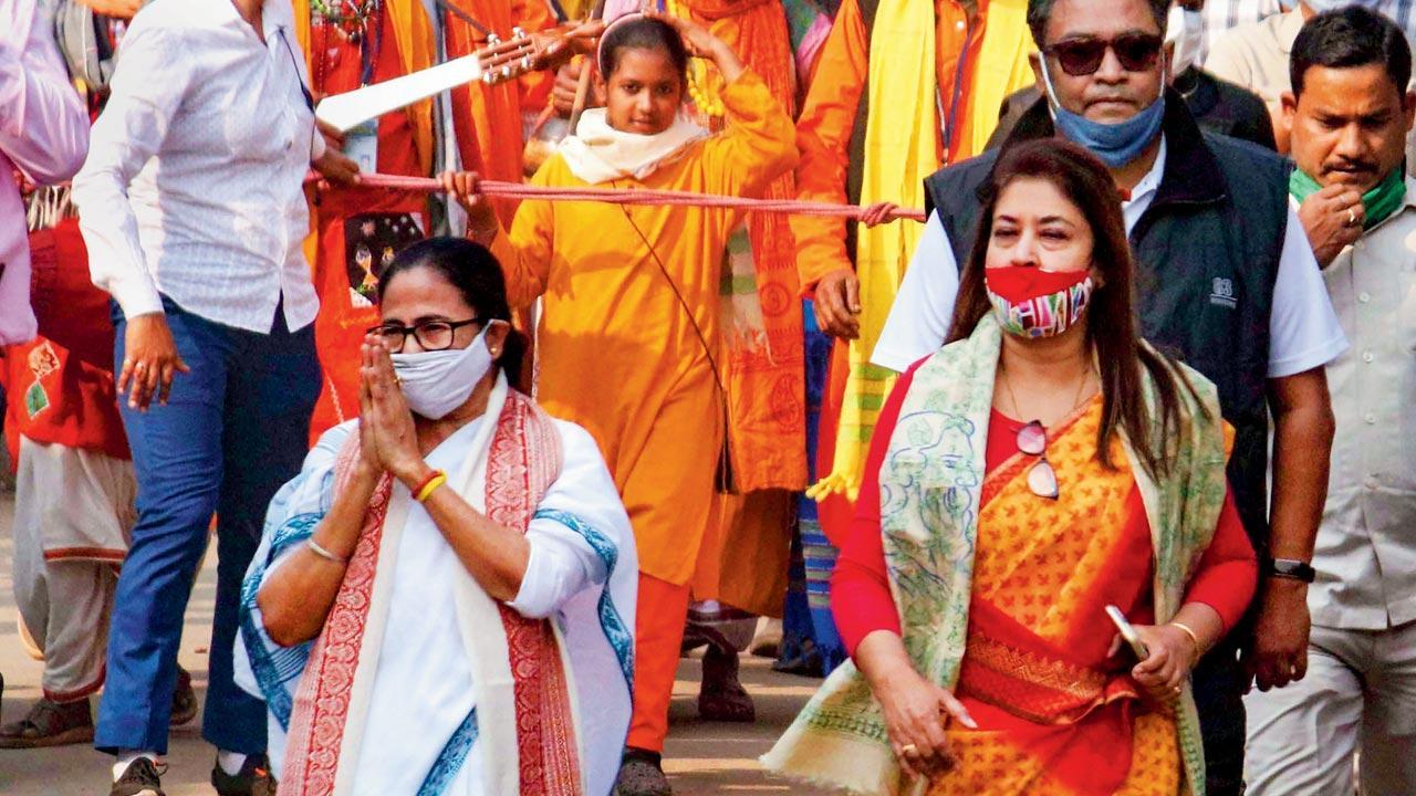 Hate politics of the BJP will not be allowed, says Mamata Banerjee Banerjee during a rally ahead of the WB Assembly polls 2021, at Bolpur in Birbhum district of West Bengal, on Tuesday. Pic/PTI