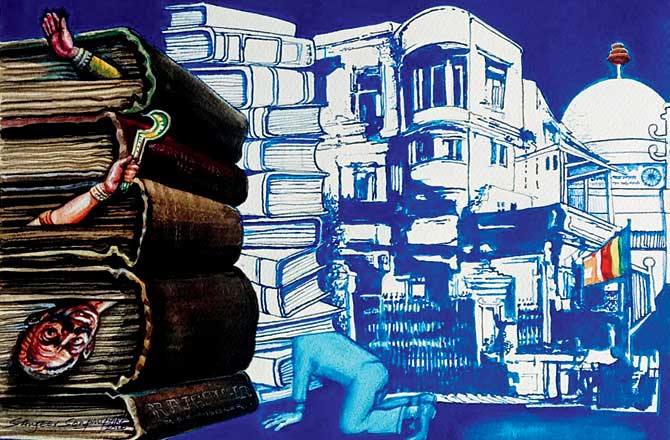 A painting from Sanjeev Sonpimpare`s Blue series, where he has etched the Rajagruha (Dadar) premise, where the leader spent considerable time reading and writing