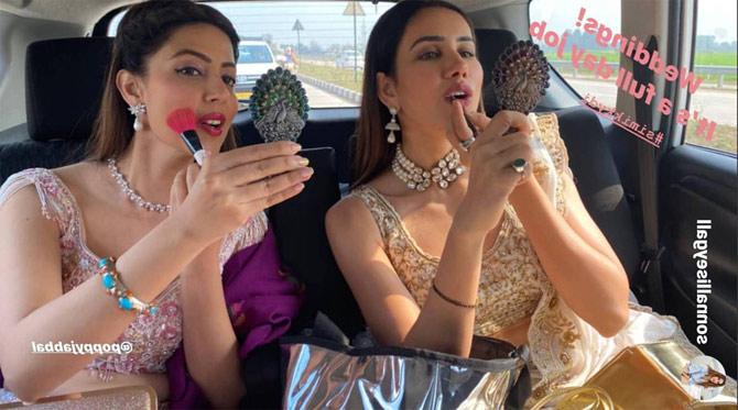 Simran Kaur's BFFs Poppy Jabal and Sonnalli Seygall shared multiple pictures from the ceremony, and we can't stop scrolling through them. 
In picture: This picture was shared by Sonnallie Seygall as the BFFs were getting ready for the wedding functions.