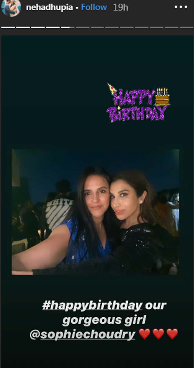Neha Dhupia took to her Instagram stories to share this lovely selfie with the 'gorgeous' birthday girl Sophie Choudry.