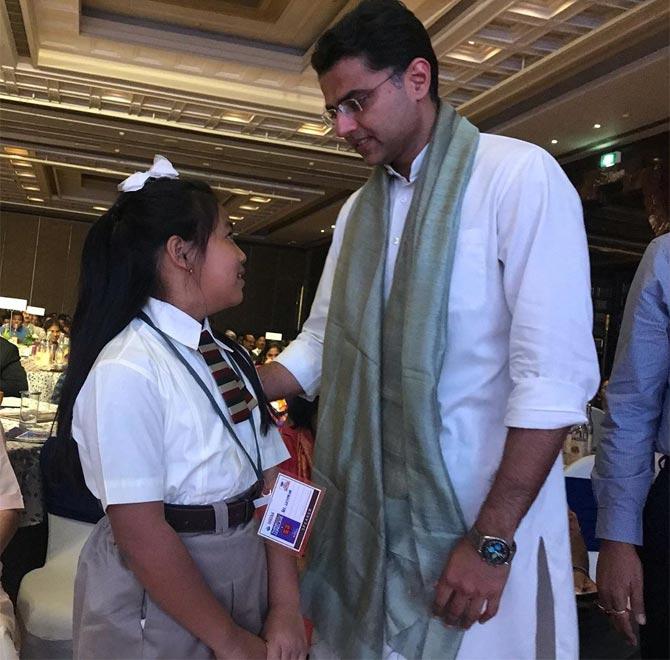 Kangujam, known as Indian 'Greta' for her passion towards the fight against climate change has urged global leaders to take immediate action to save the planet and the future of young children like her.
In photo: Kangujam with Congress leader Sachin Pilot