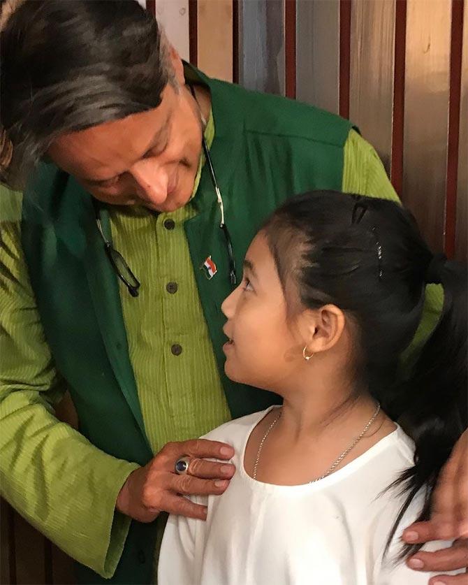 For long, the young activist has been holding talks, organising awareness campaigns, rallies and has helped victims of natural calamities.
In photo: She congratulates Shashi Tharoor on being awarded the Sahitya Akademi award. 