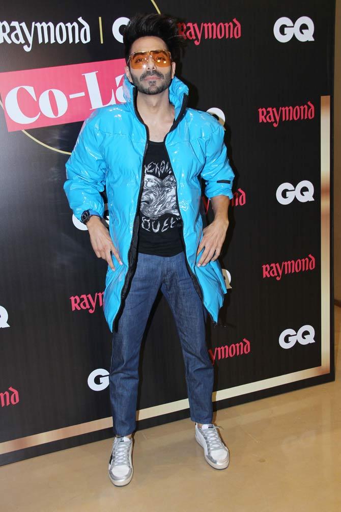 Aparshakti Khurana opted for a blue bomber jacket, paired with a denim and a graphic tee during the outing.